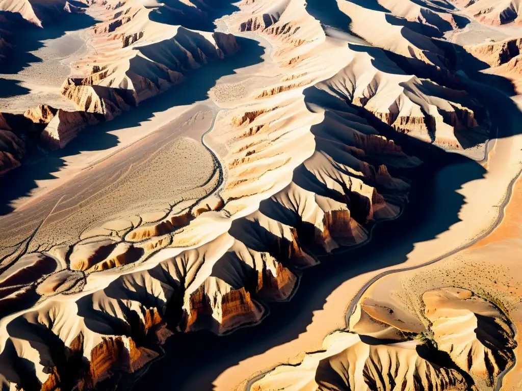 Patrones de Erosión: Fotografía Aérea de un Desierto Impresionante Una fotografía aérea detallada de un vasto paisaje desértico con formaciones de grietas por erosión, destacando la belleza única y marcada del paisaje