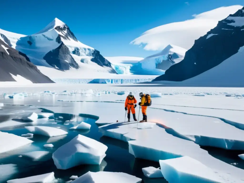 Equipo científico investigando en glaciar antártico Expedición Antártida Cambio Climático: Científicos en glaciar, tomando muestras con montañas nevadas al fondo