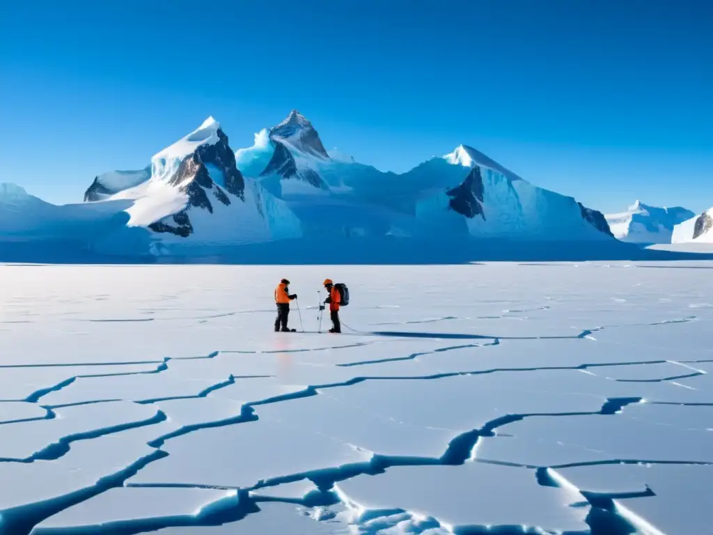 Expedición científica en la Antártida: Investigando el cambio climático Expedición en Antártida: científicos tomando medidas y muestras en paisaje helado, destacando la importancia de estudiar el cambio climático