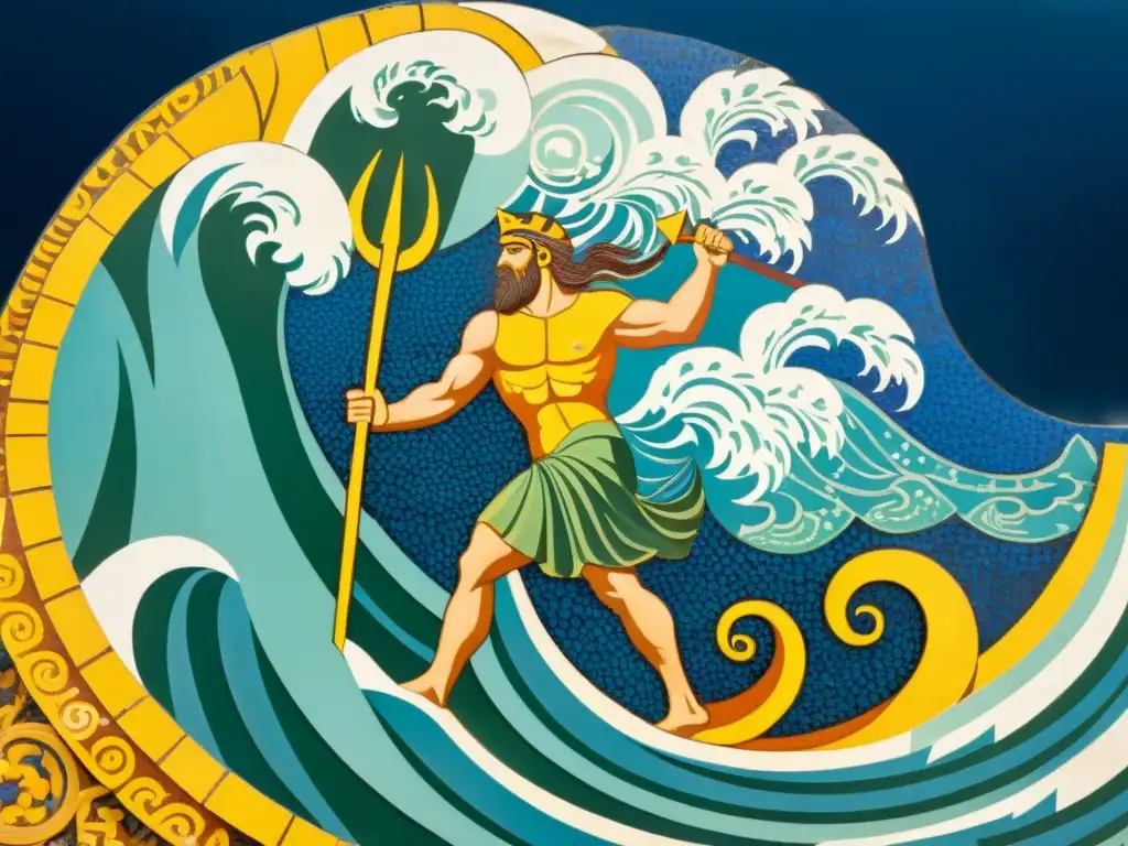 Poseidón desata tsunami en antigua Grecia Interpretación tsunamis en antigua Grecia: Poseidón desata un tsunami contra una ciudad costera en un detallado mosaico griego