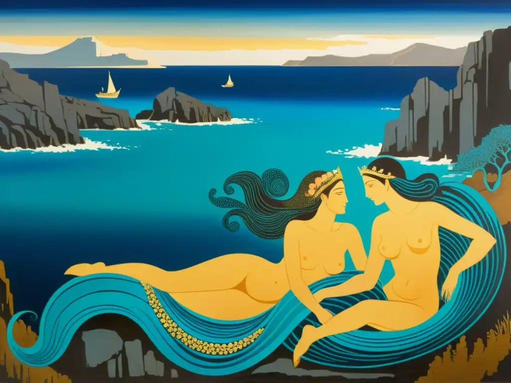 Vaso griego antiguo: Sirenas encantadoras en el mar Una antigua vasija griega muestra sirenas en acantilados del Mediterráneo, evocando leyendas sirenas mar Mediterráneo