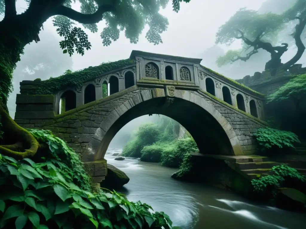 El Puente del Diablo: Misterio y Leyenda en Europa Antiguo puente de piedra con decoraciones demoníacas y atmósfera misteriosa, evocando leyendas del puente del diablo en Europa
