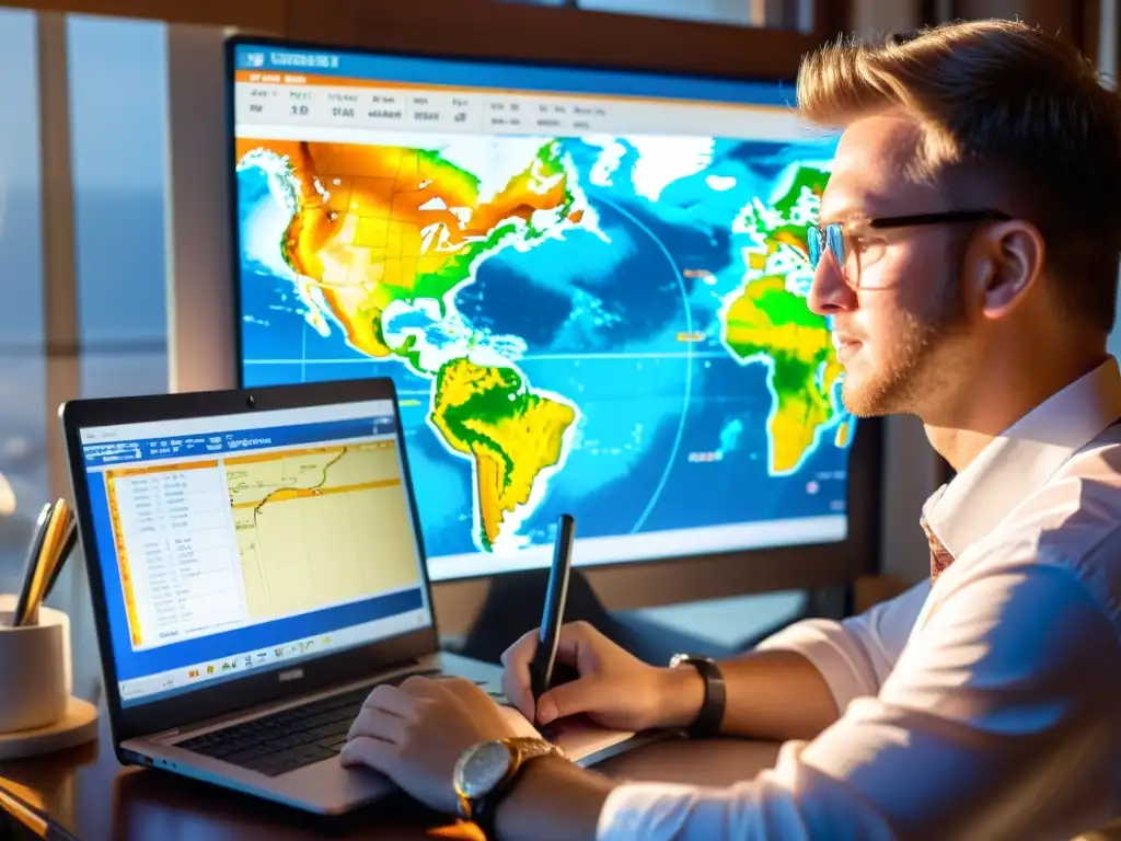 Apasionado meteorólogo analiza datos meteorológicos Un apasionado entusiasta del clima analiza datos meteorológicos en su computadora rodeado de instrumentos, libros y un globo terráqueo