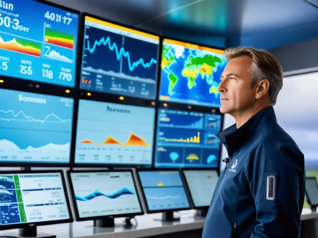 Experto meteorólogo analizando datos Un apasionado entusiasta de la meteorología analiza datos en una estación meteorológica avanzada