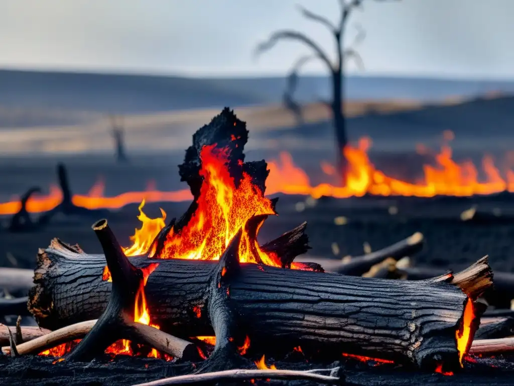 Un árbol carbonizado entre llamas, bomberos luchando