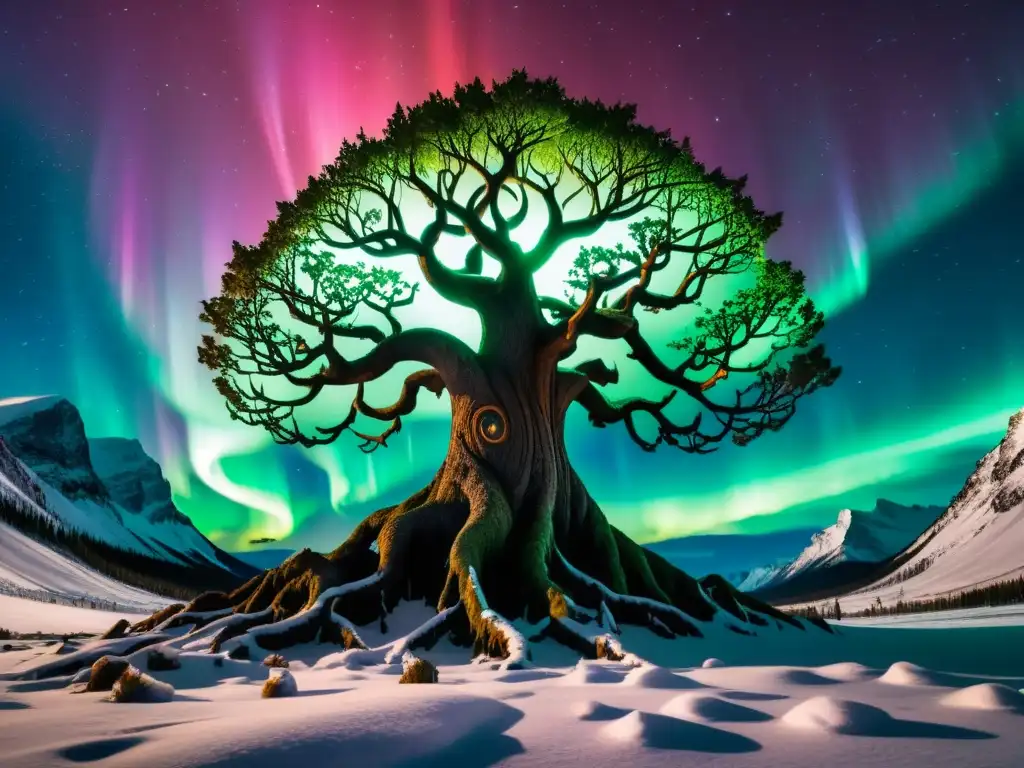 Yggdrasil: Árbol del Mundo con Auroras Boreales Yggdrasil, el árbol del mundo nórdico, se alza con auroras y eclipses en una escena mística y sublime