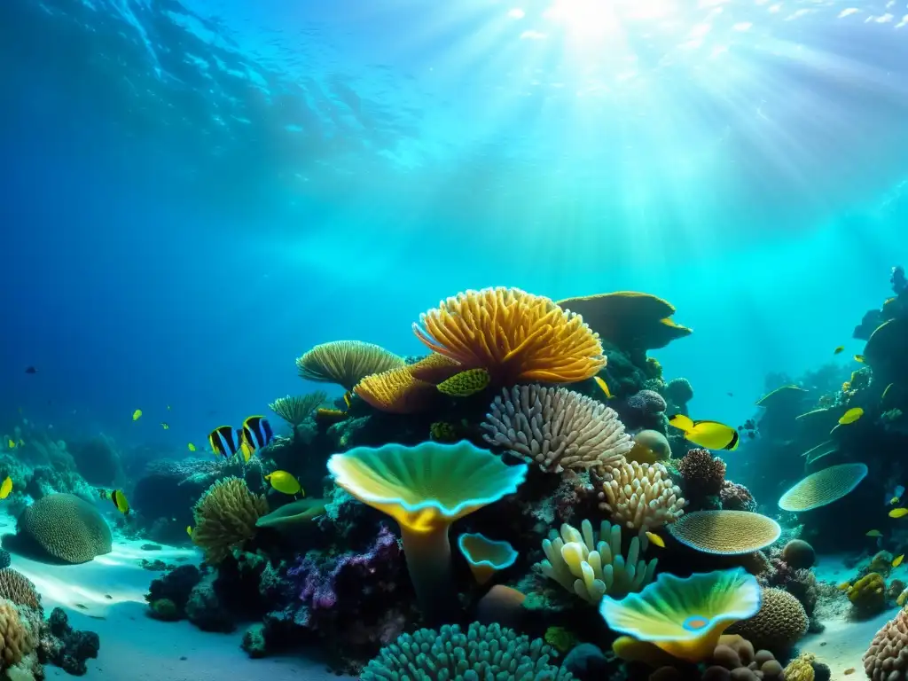 Arrecife de coral vibrante: vida marina en 8k Un arrecife de coral vibrante y diverso, iluminado por el sol, habitado por especies marinas