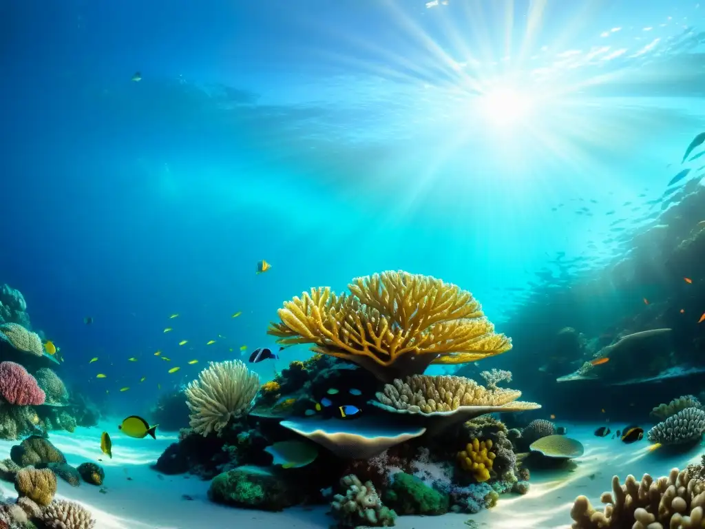 Arrecife de coral vibrante: belleza y biodiversidad Arrecife de coral vibrante con vida marina diversa, aguas cristalinas y luz solar, mostrando la belleza del turismo responsable en arrecifes