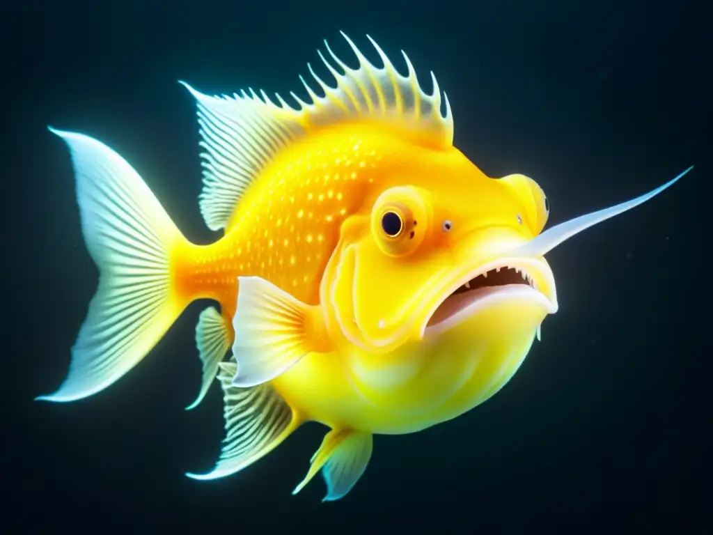Anglerfish bioluminiscente en las profundidades Un asombroso retrato detallado de un pez abisal bioluminiscente, con su señuelo brillante atrayendo presas en las profundidades oscuras del océano