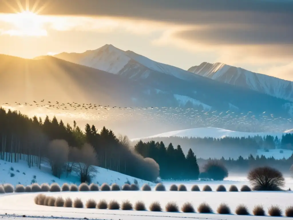 Aves migratorias en formación V sobre paisaje nevado, con detalles de alas y plumas visibles