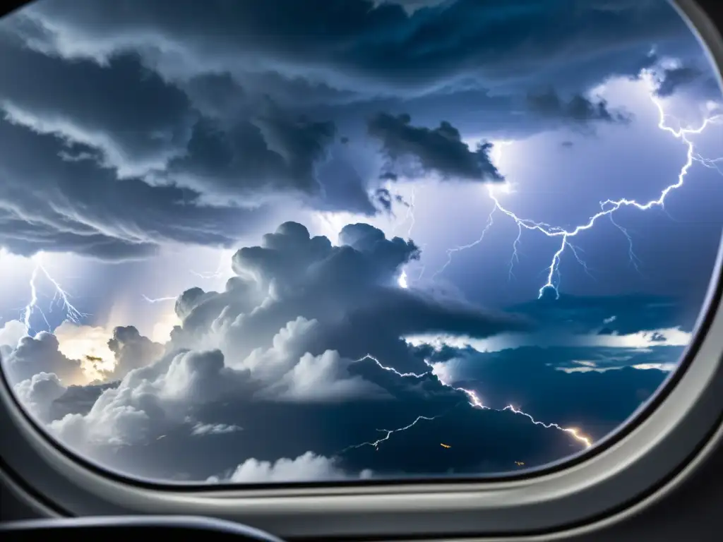 Avión comercial desafiando tormenta con relámpagos Avión comercial enfrentando peligrosos fenómenos meteorológicos: tormenta, relámpagos y lluvia