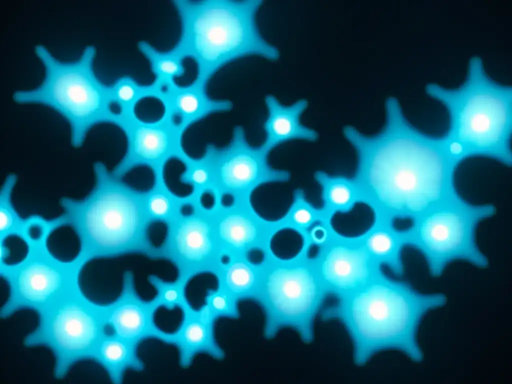 Bacterias bioluminiscentes en las profundidades Bioluminiscencia de bacterias en la oscuridad del abismo, revelando procesos bioquímicos organismos abisales