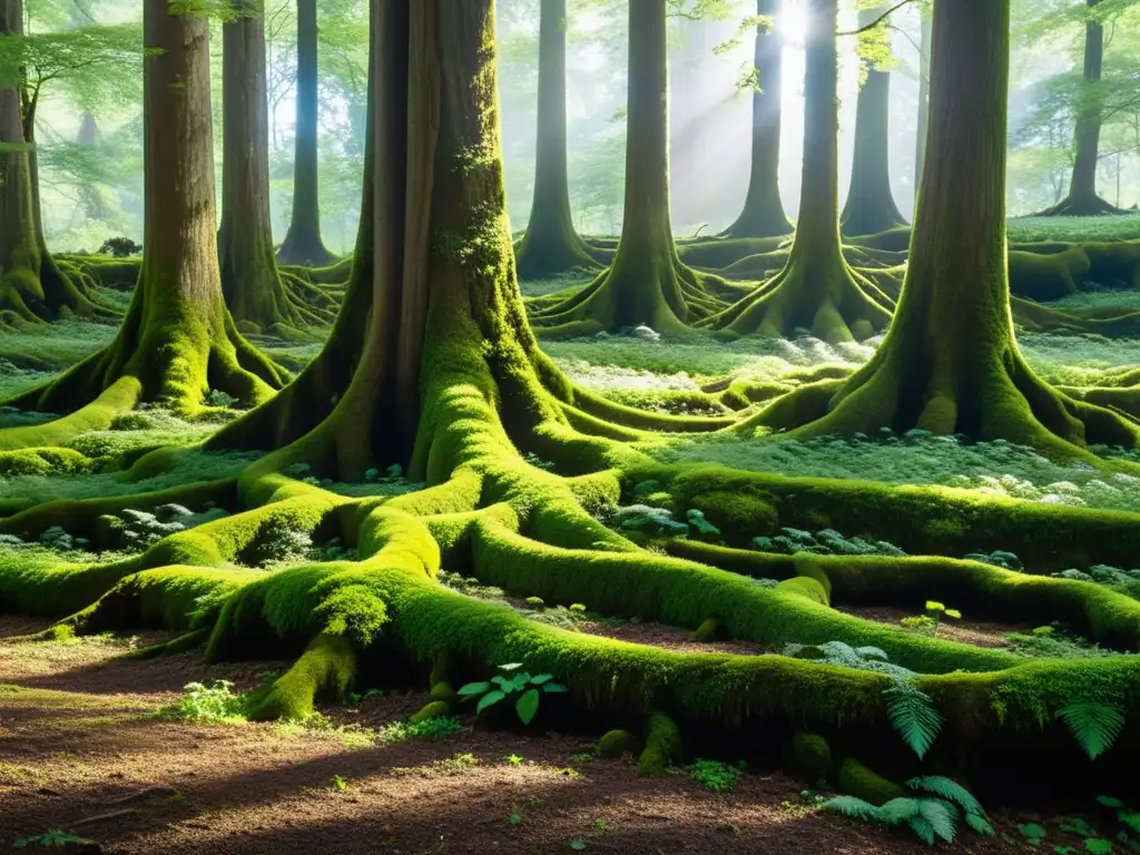 Bosque exuberante: vida entrelazada en la naturaleza Un bosque exuberante con árboles entrelazados, vegetación vibrante y aves en comunicación