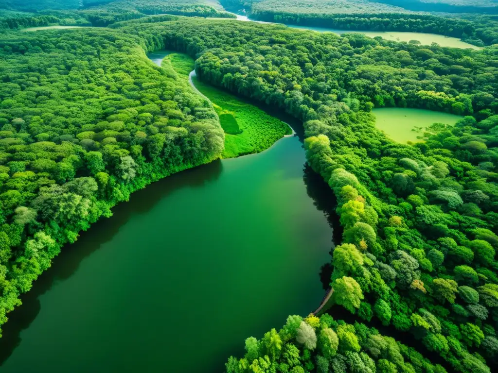 Bosque exuberante y río serpenteante: la majestuosidad natural Un bosque exuberante y vasto con un río serpenteante, muestra la belleza natural en medio de migraciones oportunas cambio climático