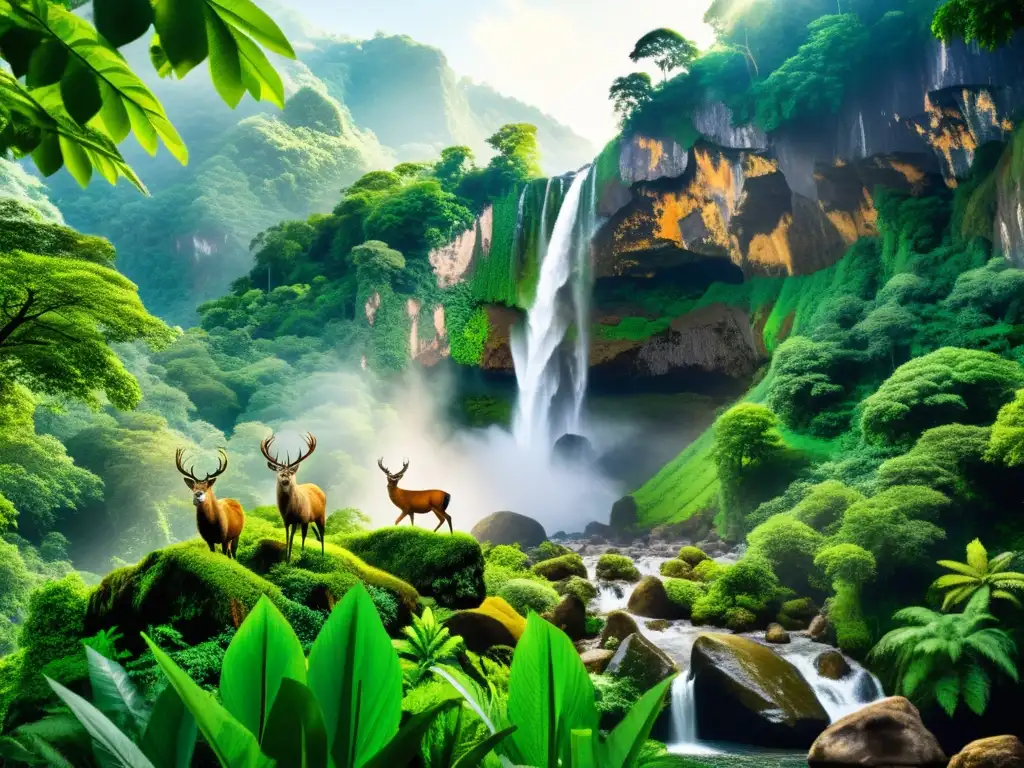 Selva exuberante con vida silvestre y cascada Bosque exuberante con vida silvestre, impacto de desastres naturales en la fauna y flora