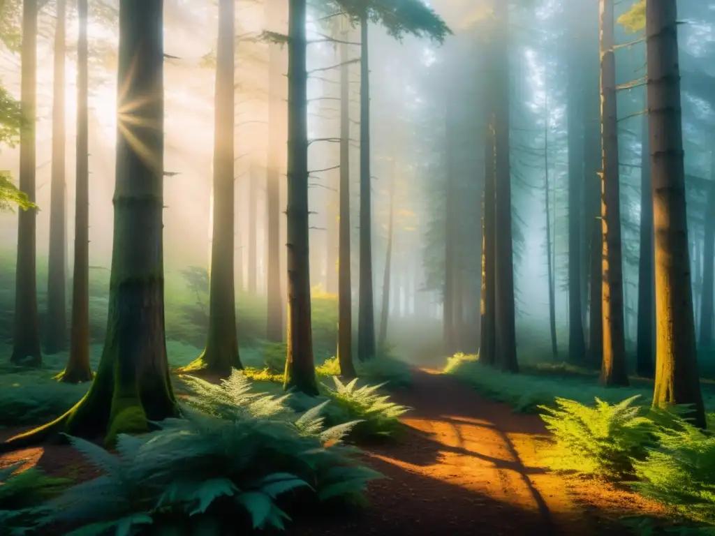 El Bosque Ancestral: Misterio al Atardecer Un bosque hermosamente inquietante al atardecer, con árboles antiguos y sombras largas