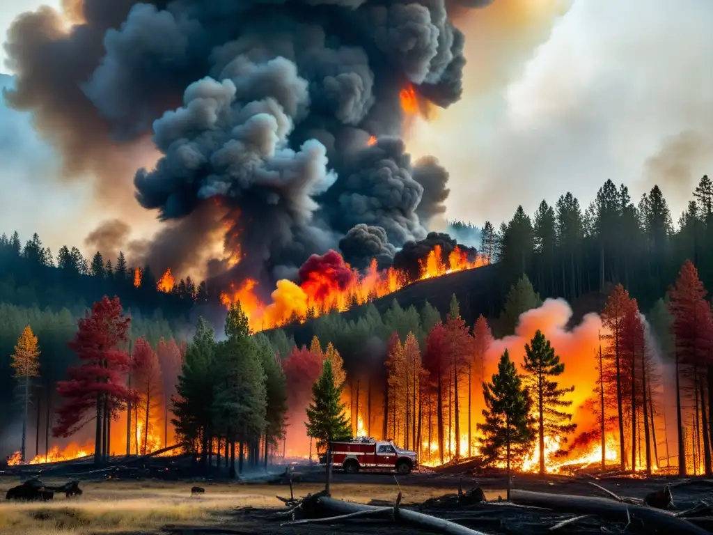 Un bosque en llamas con bomberos luchando, evocando el impacto de incendios forestales en la biodiversidad