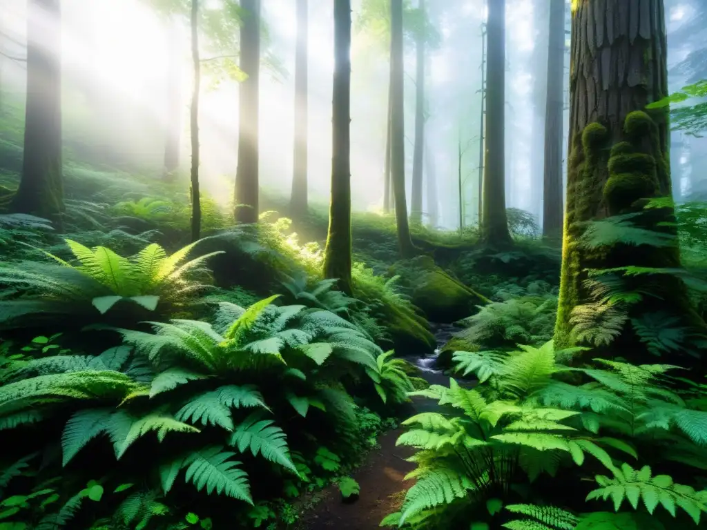 Bosque misterioso: Luz etérea entre árboles gigantes Un bosque misterioso y denso con árboles antiguos y majestuosos, bañado por la luz del sol