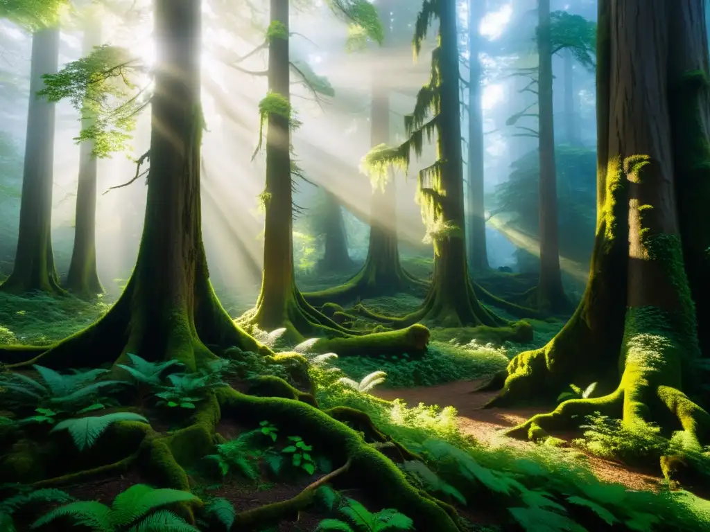 Bosque misterioso en la niebla: una invitación a la exploración Un bosque misterioso y denso con árboles antiguos y enraizados
