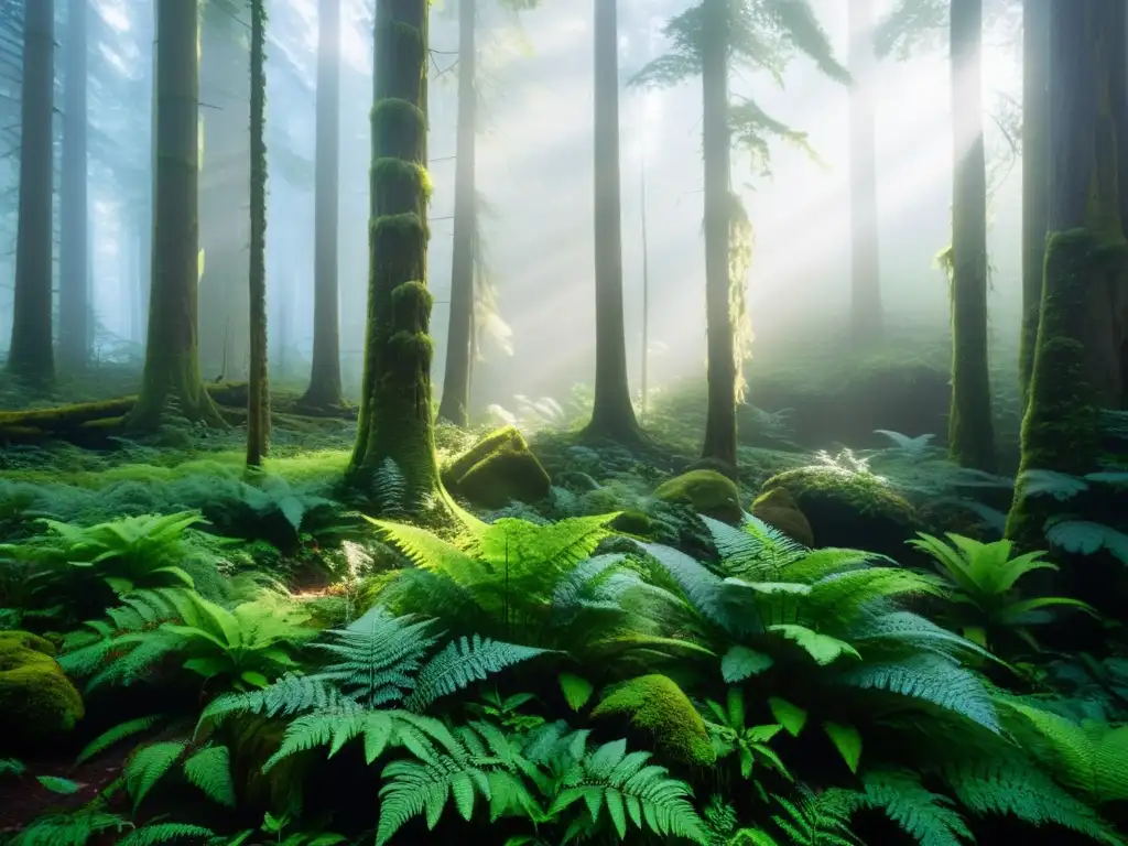 Majestuoso bosque misterioso: luz, sombra y vida en la naturaleza virgen Un bosque misterioso y exuberante envuelto en niebla, con árboles antiguos y una vegetación vibrante