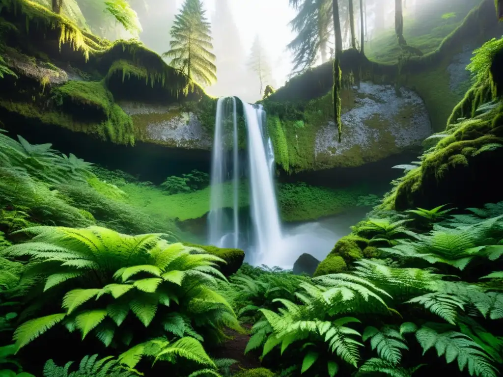 Bosque misterioso con árboles ancestrales y cascada oculta Un bosque misterioso y natural, con árboles antiguos y un resplandor sobrenatural