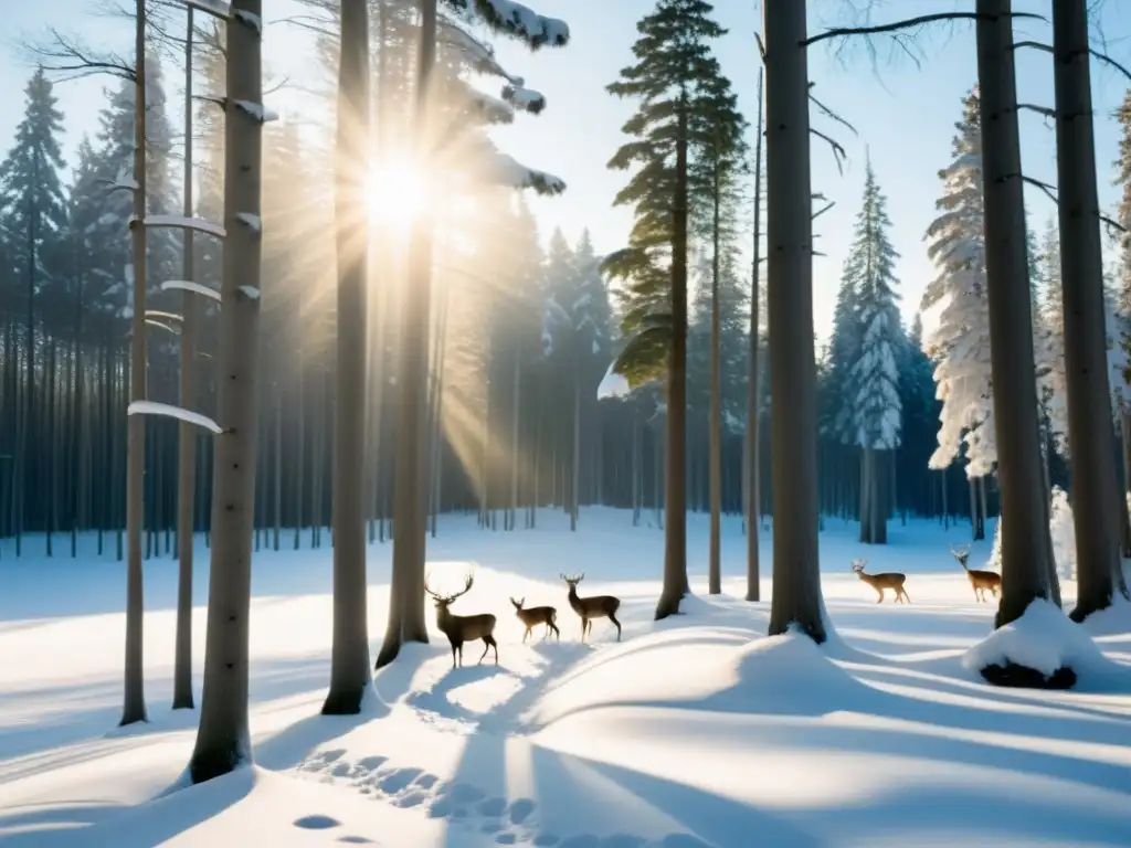 Tranquila belleza invernal: familia de ciervos en la nieve Un bosque nevado y sereno con una familia de ciervos recorriendo la nieve, capturando la relación migraciones estacionales hibernación