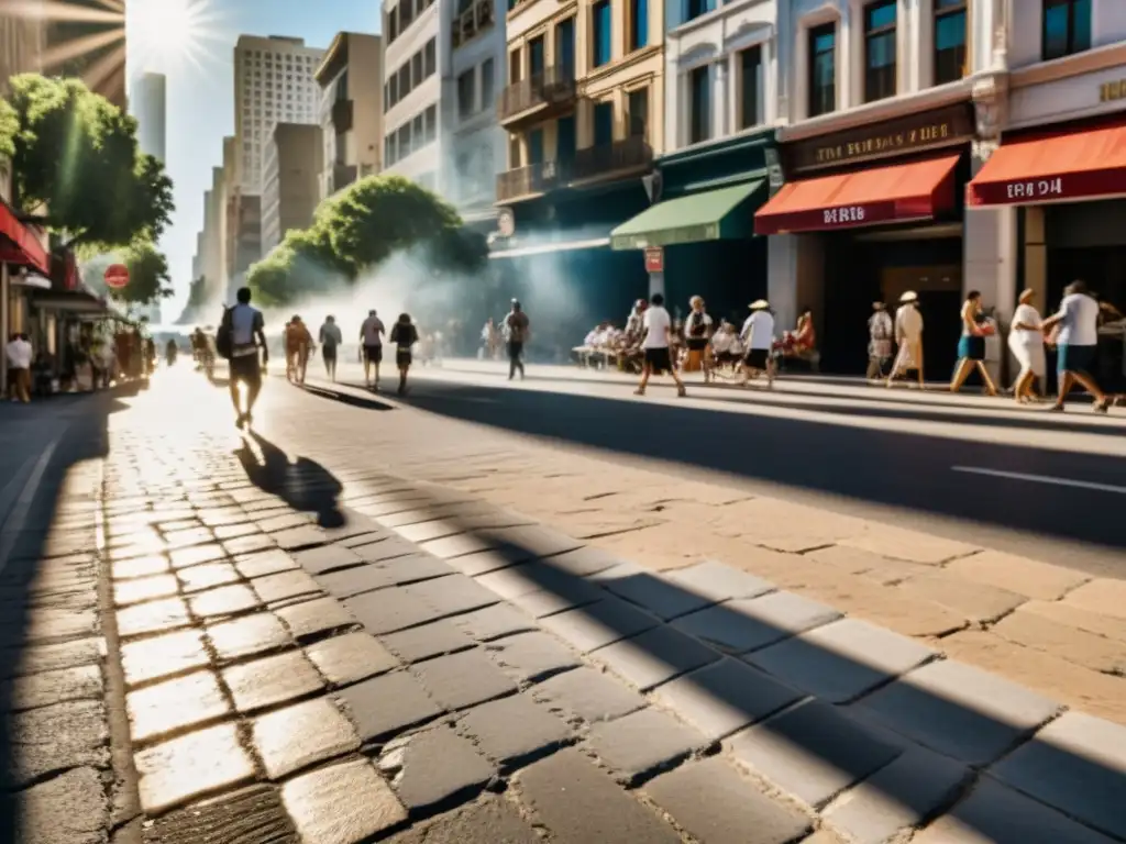 Calor sofocante en la ciudad: impacto urbano y vulnerabilidad Una calle de la ciudad durante una ola de calor, con el intenso sol y gente buscando alivio