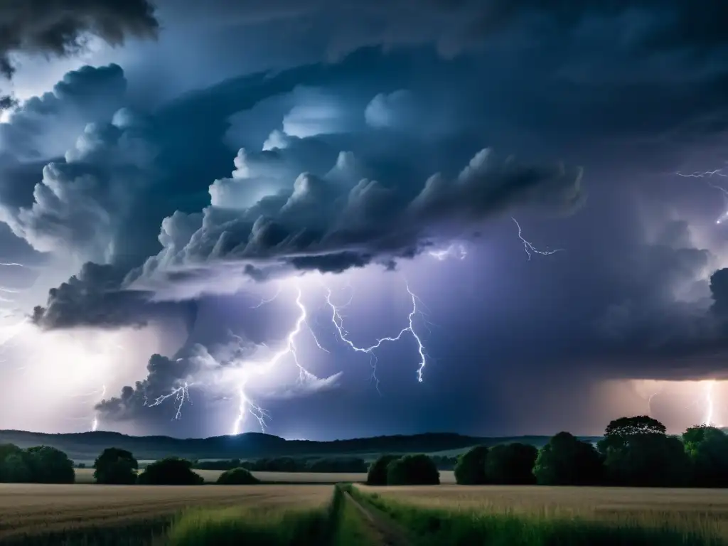Tormenta eléctrica: energía cruda y poder natural Captura de tormentas con cámaras de alta resolución: Imagen impactante de una tormenta poderosa en el horizonte, con nubes oscuras y relámpagos