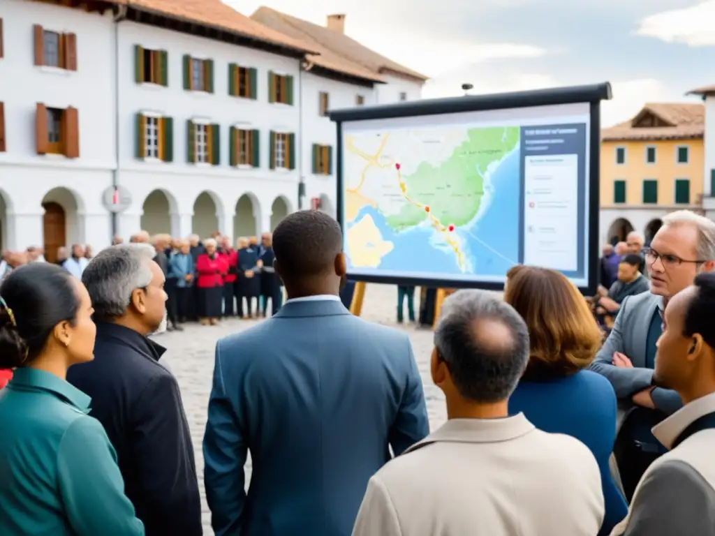 El científico explica estrategias para comunicar riesgos sísmicos a la población en una plaza mientras todos escuchan con determinación