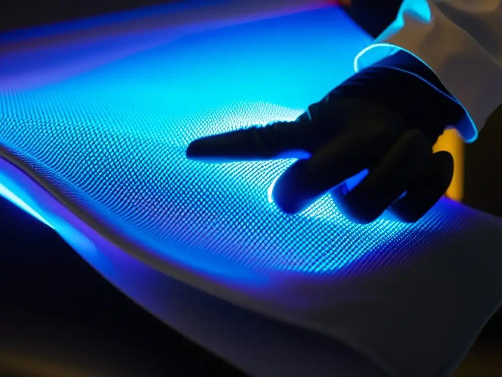 Prueba de tela UV: detalle y fiabilidad Un científico prueba la resistencia de la tela para Ropas con protección UV exploradores bajo potente luz UV