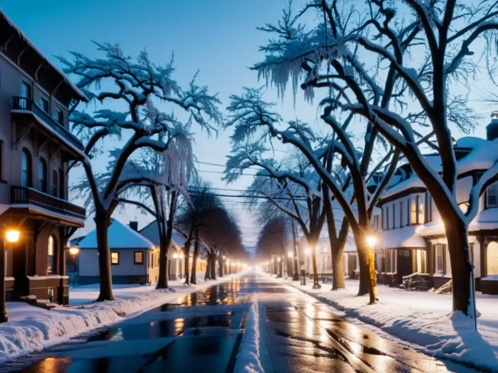 Increíble paisaje urbano con hielo brillante y peligroso Una ciudad cubierta por una espesa capa de hielo, con árboles y cables congelados