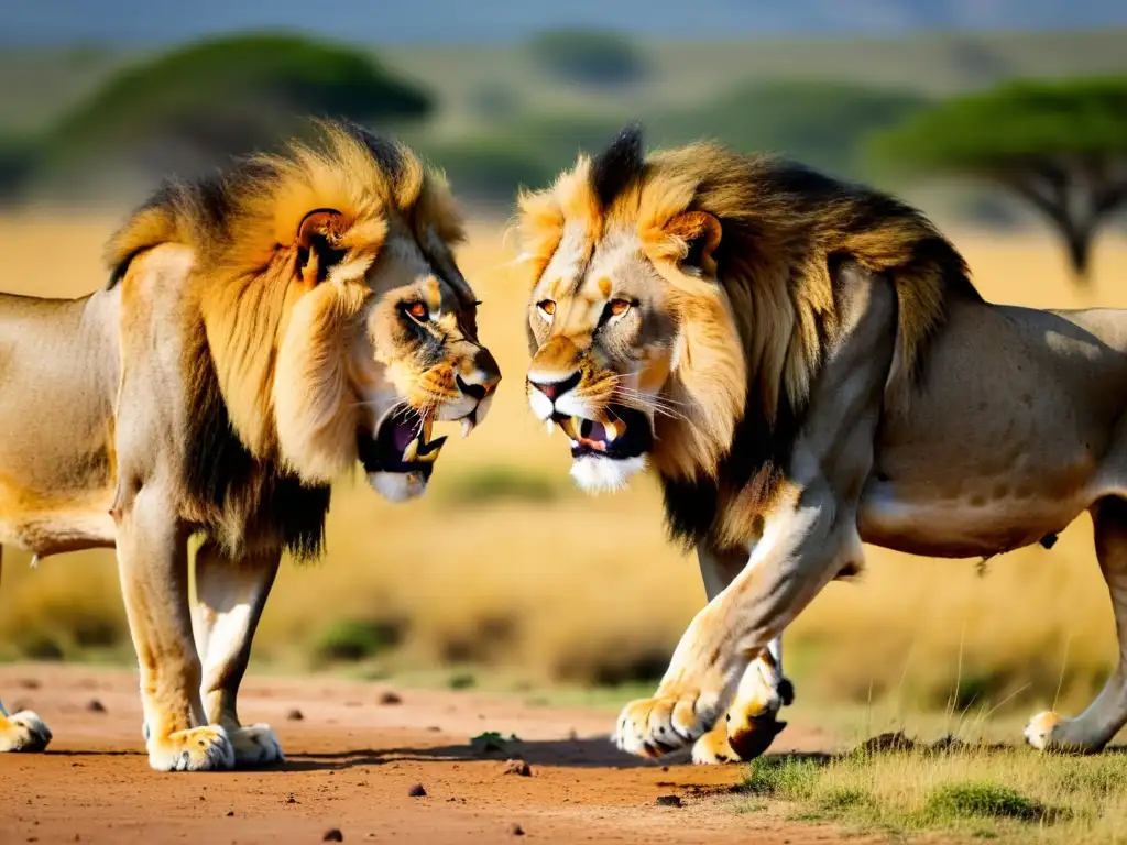 Batalla feroz de leones por el territorio Combate feroz entre dos leones machos por territorio y reproducción en la sabana africana