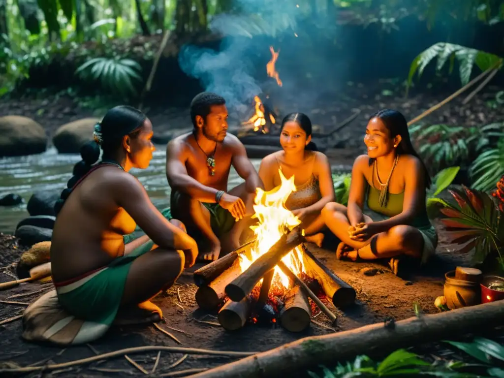 Comunidad indígena en la selva: sabiduría ancestral Una comunidad indígena convive en armonía con la naturaleza en la selva, tejiendo, contando historias y preparando alimentos alrededor de una fogata
