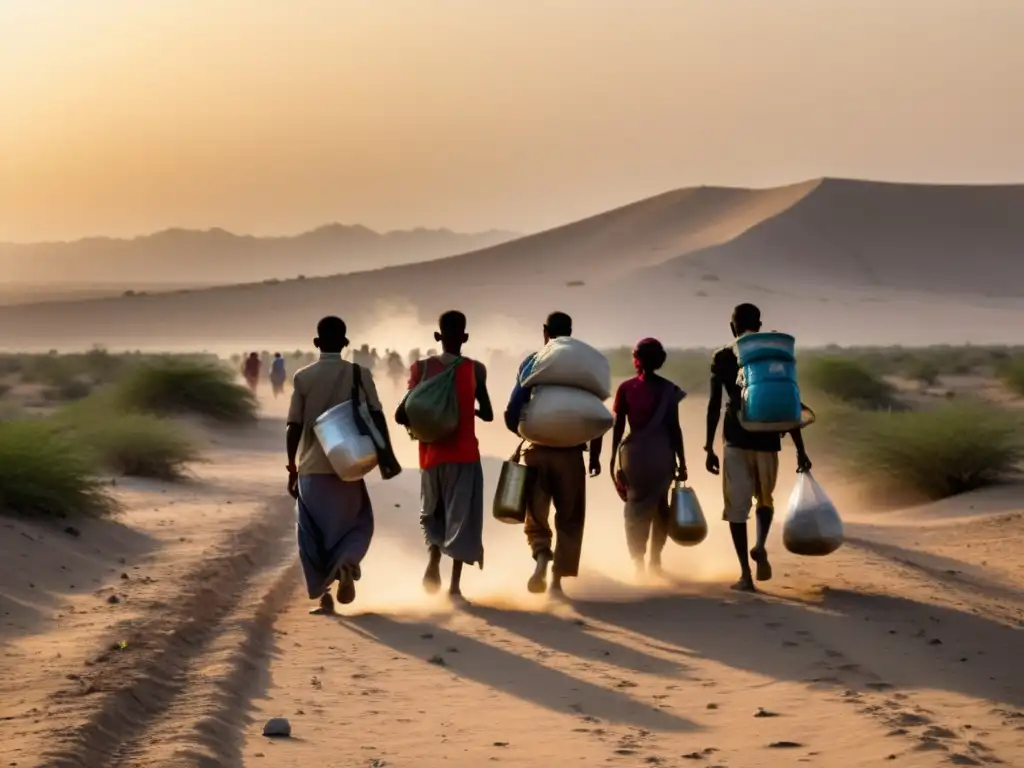 Migración forzada: lucha y resiliencia bajo el sol abrasador Comunidad camina en paisaje árido bajo el sol, mostrando la lucha y resiliencia en migraciones oportunas cambio climático
