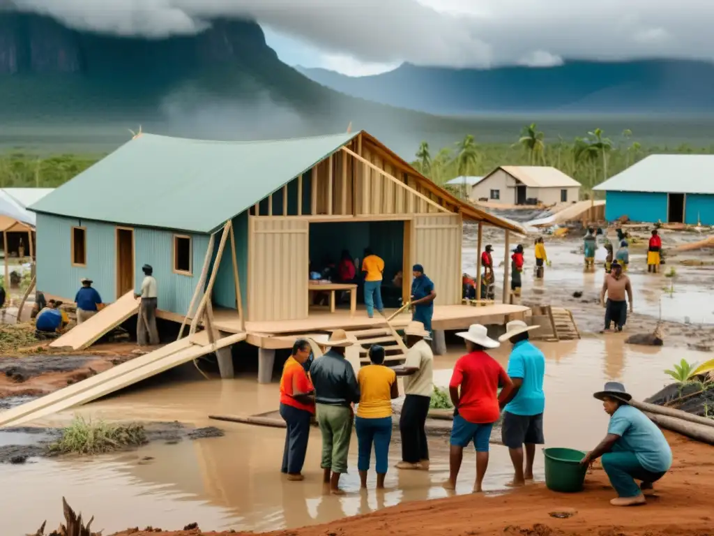 Comunidad indígena unida: resiliencia tras desastre natural Comunidad indígena unida reconstruyendo tras un desastre natural, mostrando resiliencia y esperanza