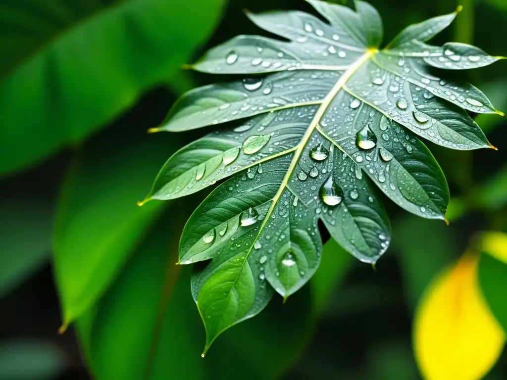 Gotas de lluvia en hojas tropicales: belleza natural Consejos para explorar bajo la lluvia: Detalle de gotas de lluvia en hojas tropicales, reflejando la luz y resaltando la belleza de la naturaleza