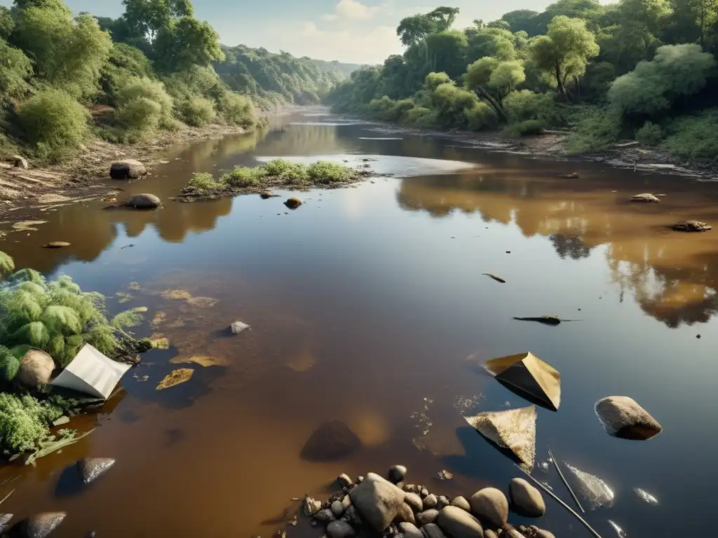 Contraste impactante entre la contaminación del agua dulce y la biodiversidad, muestra la devastación y la vitalidad del ecosistema