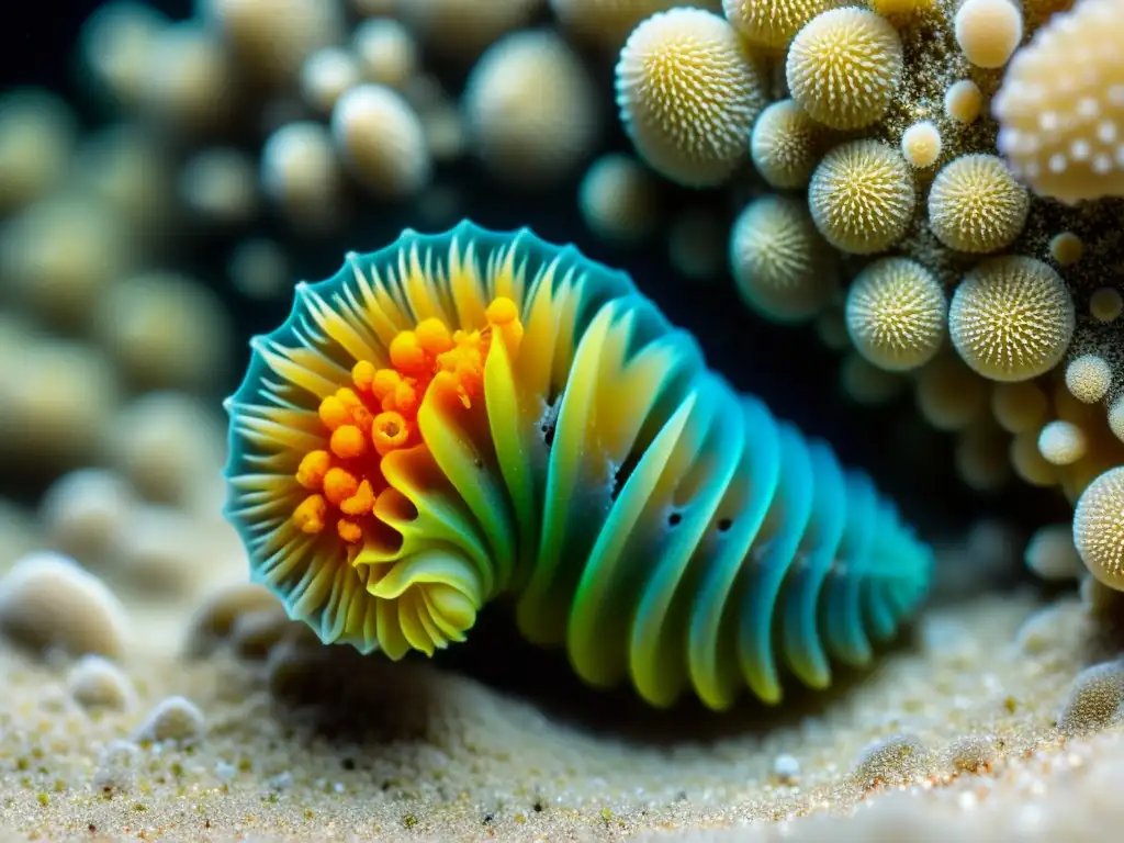Increíble metamorfosis de la larva de coral en el lecho marino Coral larva en el fondo marino rodeada de vida microscópica y partículas de arena, mostrando el crecimiento de coral en ciclos de vida