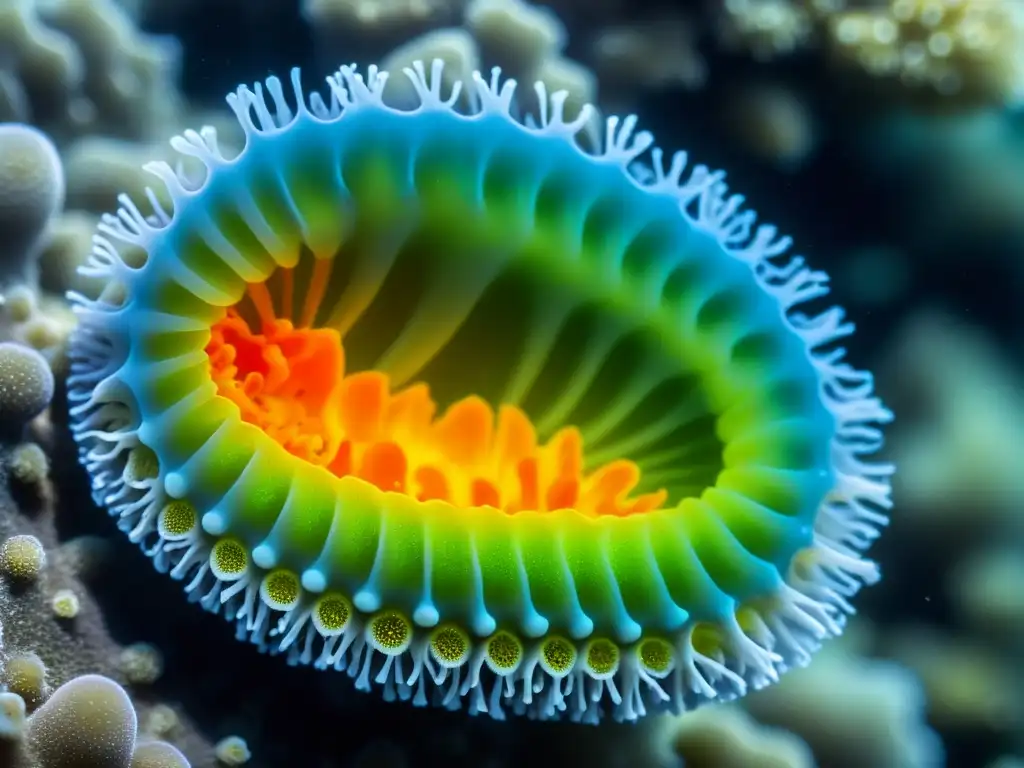 Desarrollo increíble: larva de coral en el arrecife Un coral larva se asienta en el sustrato del arrecife, rodeado de microorganismos y algas