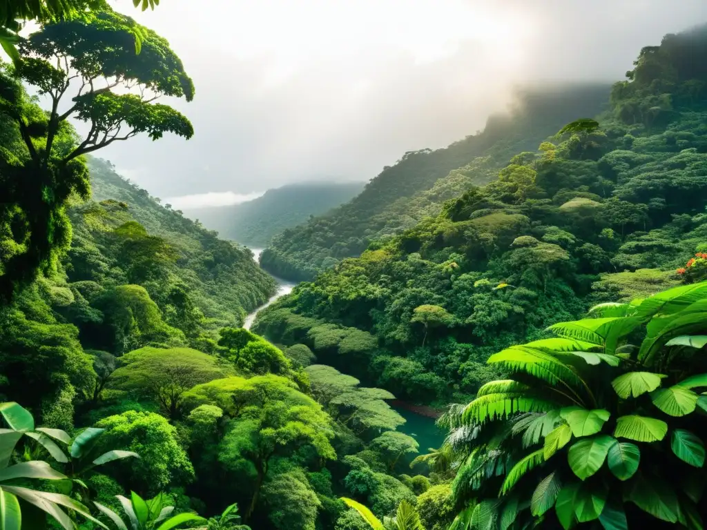 Selva exuberante en Costa Rica: diversidad natural en su esplendor Biodiversidad de Costa Rica: exuberante selva con árboles altos, aves y monos en el dosel, río serpenteante y fauna colorida