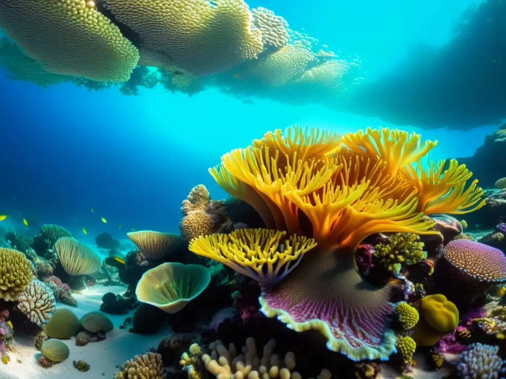 Arrecife de coral vibrante y lleno de vida: detalle en alta resolución Crecimiento de coral en ciclos de vida: Un vibrante arrecife de coral rebosante de vida marina y detalles coloridos bajo el agua cristalina