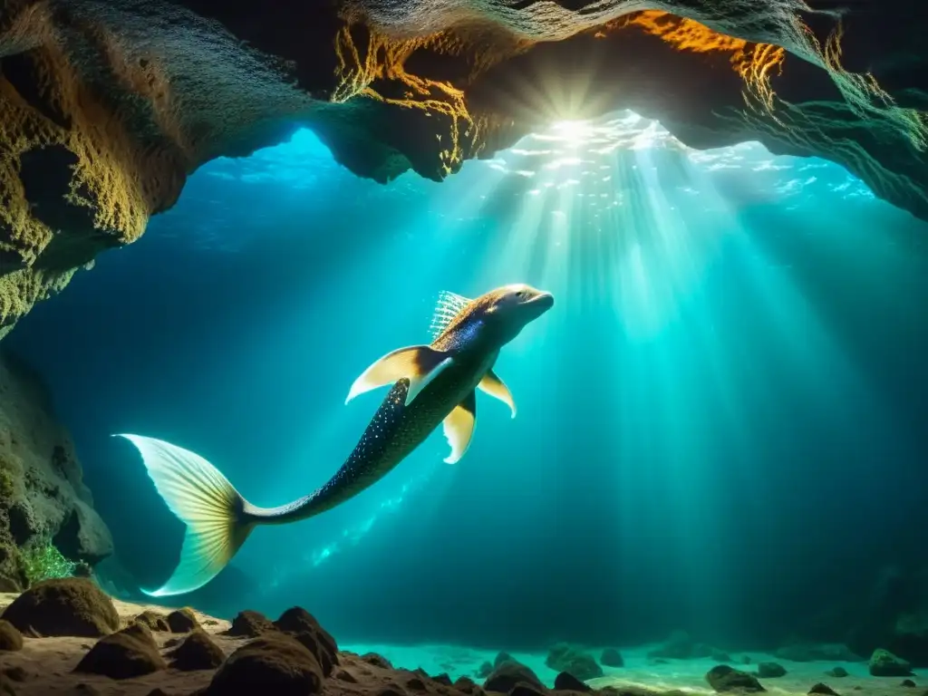 Encantadora criatura marina bioluminiscente en 8k Una criatura marina mítica, bioluminiscente, nada elegantemente en una cueva submarina, evocando la mitología bioluminiscente marina historia