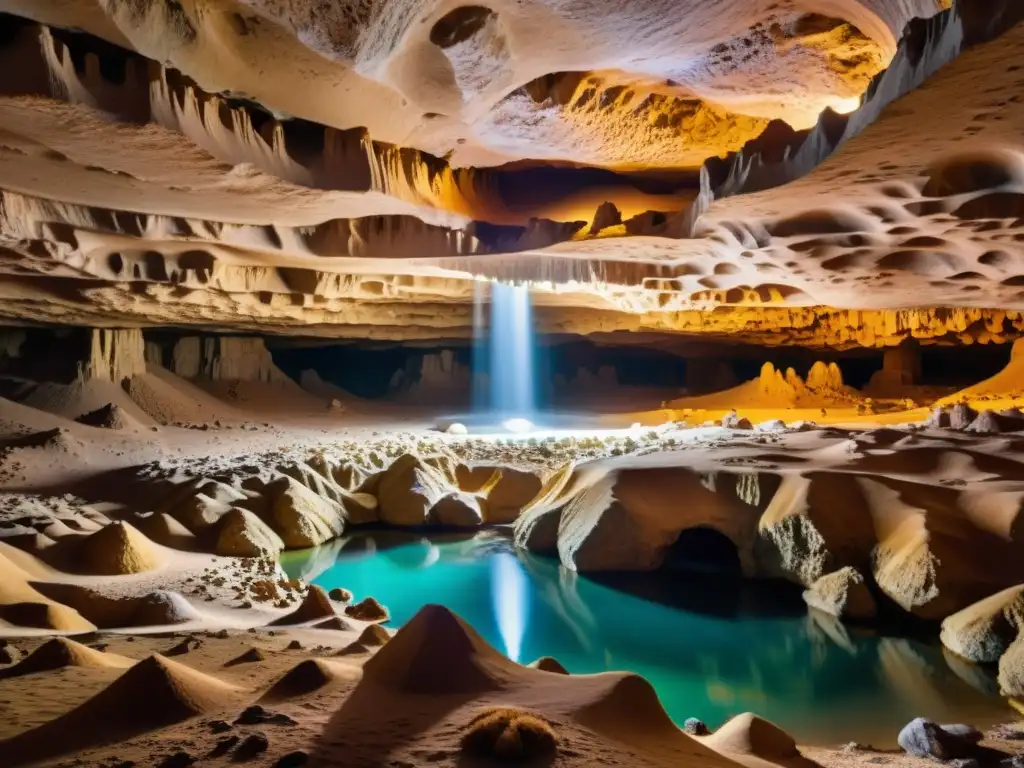 Catedral subterránea: maravillas en el desierto Explora las cuevas ocultas en desiertos, un paisaje subterráneo de estalactitas, estalagmitas y arcos naturales iluminados por una suave luz cálida