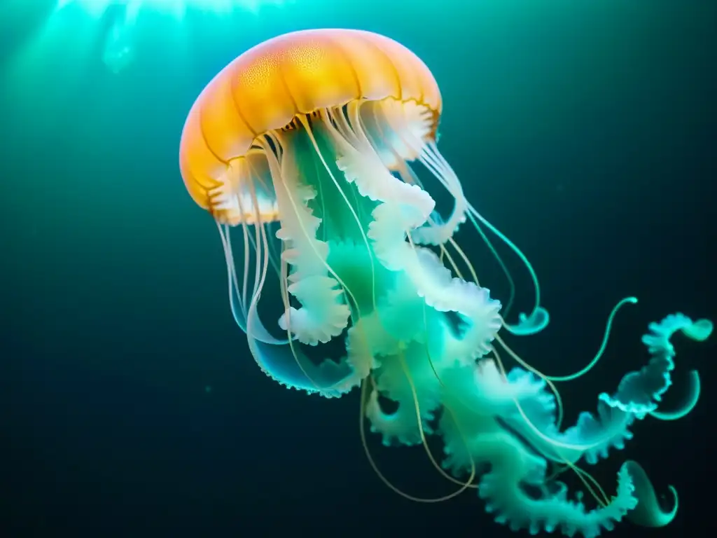 Jellyfish luminiscente en las profundidades Desarrollo de la bioluminiscencia natural en una impresionante medusa en aguas profundas, emitiendo una misteriosa luz azulverde