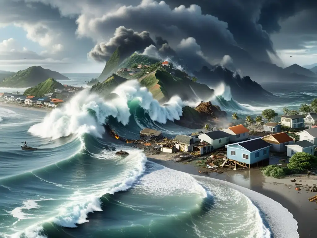 Desolación: devastación de un pueblo costero por un tsunami Desastre natural: oleaje arrasa la ciudad costera