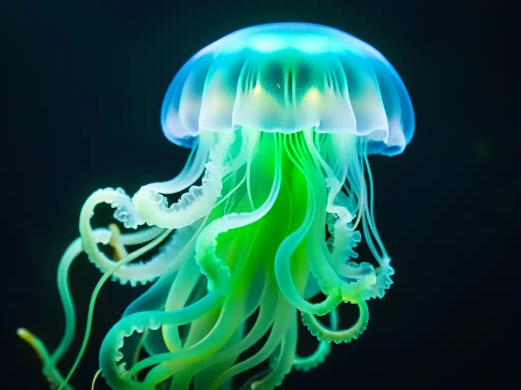 Descubrimiento: Medusa bioluminiscente en aguas profundas Descubrimiento de nuevas especies en aguas profundas: Detalle de medusa bioluminiscente con tentáculos brillantes en tonos azules y verdes, en las oscuras profundidades del océano