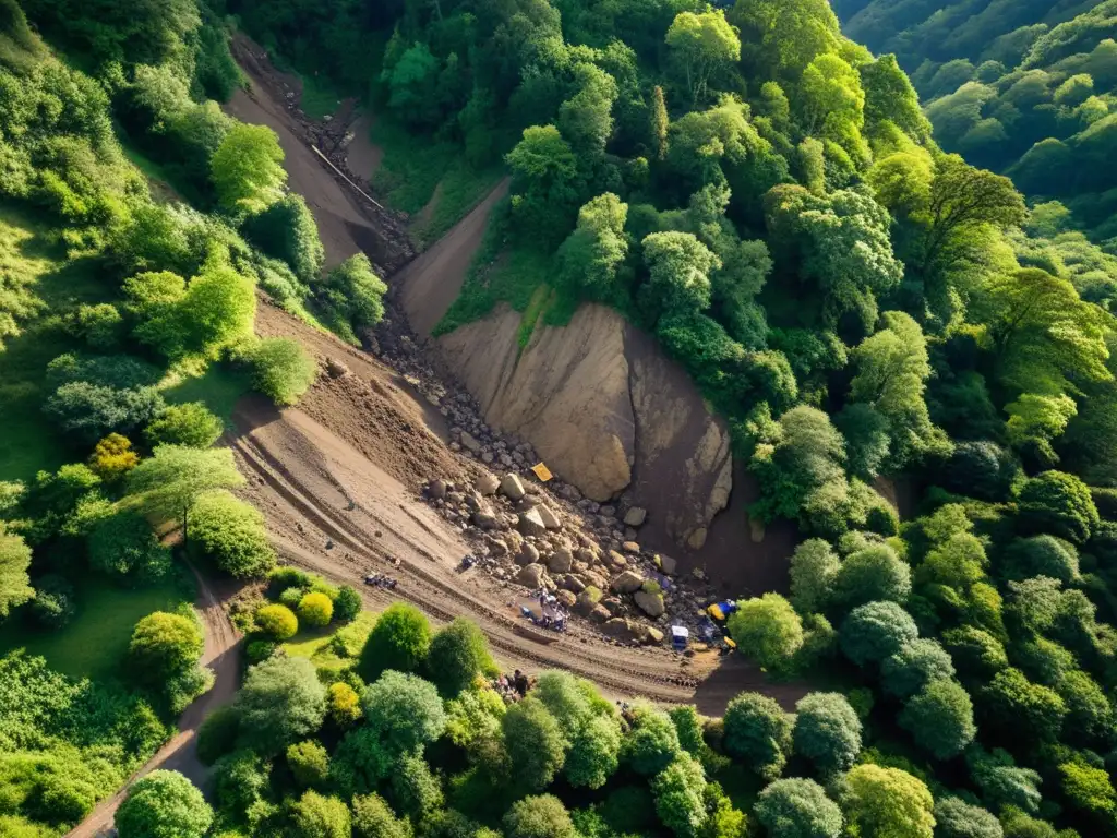 Devastación por deslizamiento de tierra: impactante imagen aérea Deslizamientos de tierra fenómenos naturales: Imagen aérea de devastación tras un deslizamiento, con escombros y rescate humano