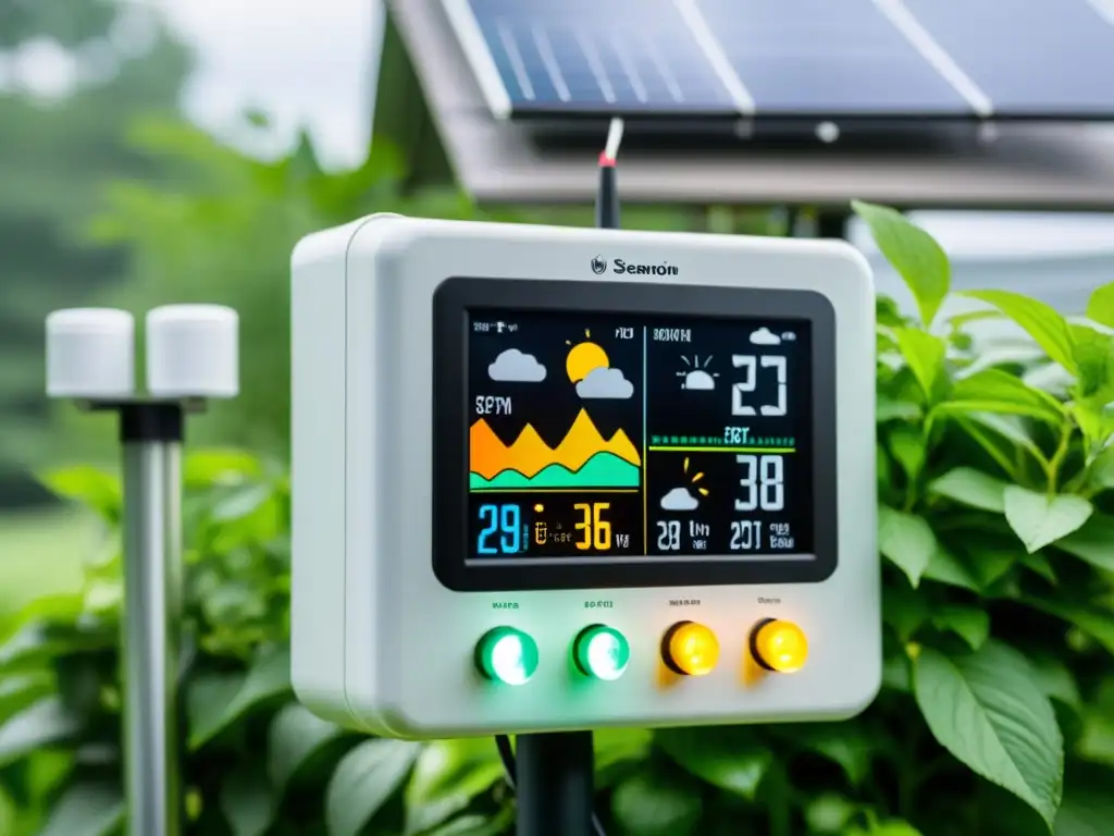 Detallada estación meteorológica casera con sensores de temperatura, humedad, velocidad del viento y precipitación, mostrando su naturaleza DIY