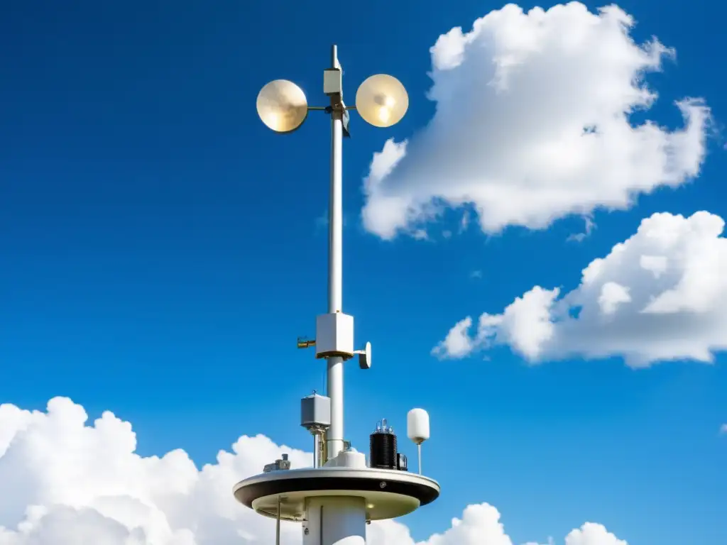 Instrumentos Meteorológicos en Detalle Un detallado software de meteorología para aficionados con instrumentos midiendo datos atmosféricos bajo un cielo azul y soleado