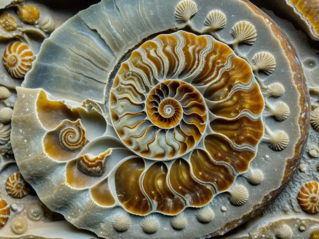 Fósil de amonites en detalle Detalle asombroso de un fósil de amonites en roca sedimentaria